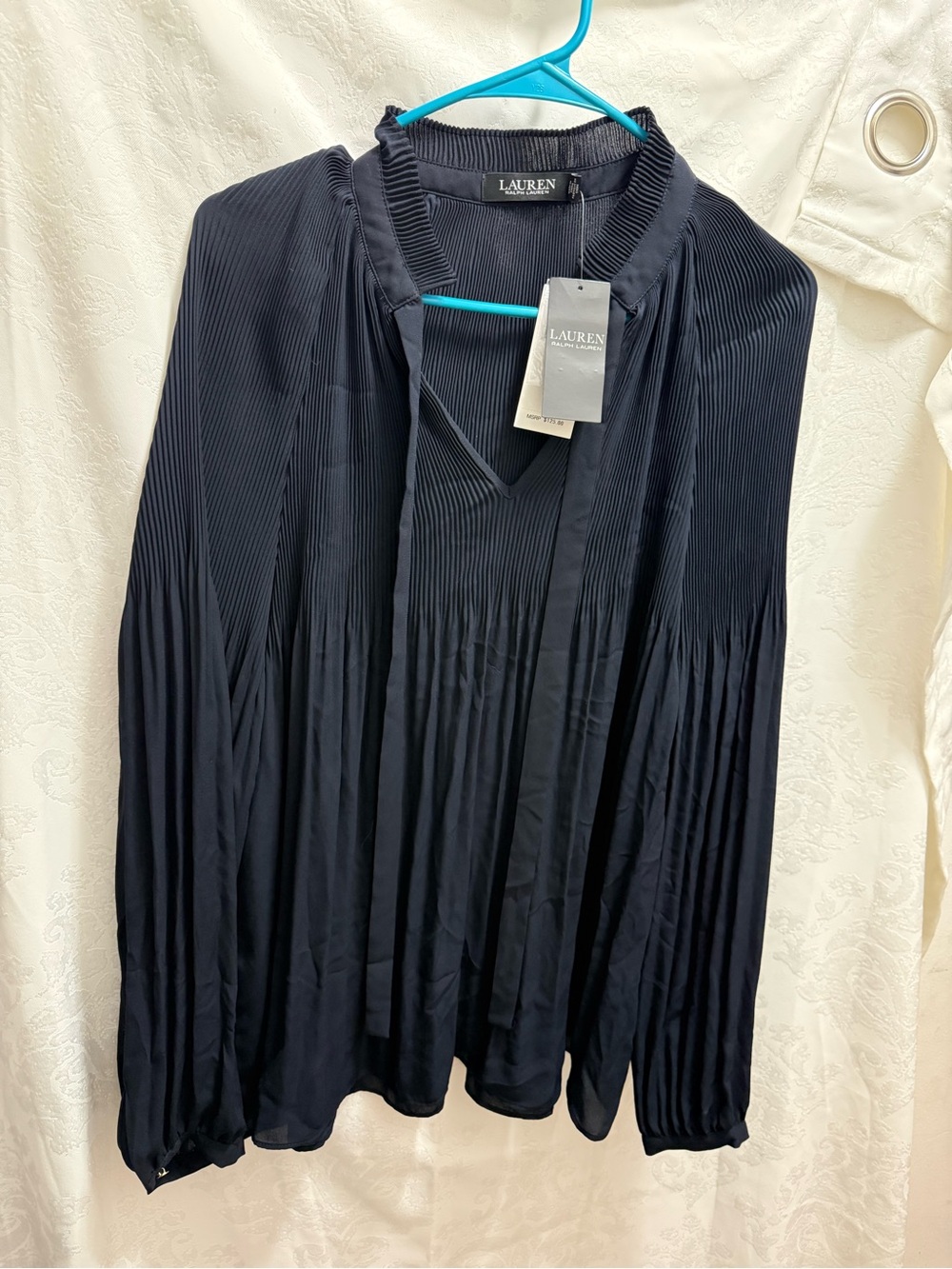 Lauren Ralph Lauren Navy Pleated V-Neck Blouse with Tie